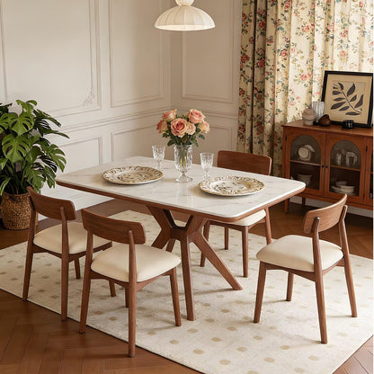 62“-78”Minimalist Scandinavian Dining Table, White Veined Top with Natural Wood Frame