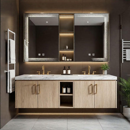 60"-96"Modern Light Wood Floating Vanity with Double Sinks & LED Lighted Mirror Cabinet