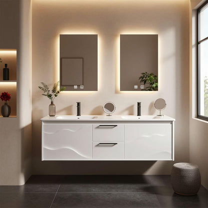 60"-96"Modern White Floating Bathroom Vanity with Double Sinks & LED Lighted Mirrors