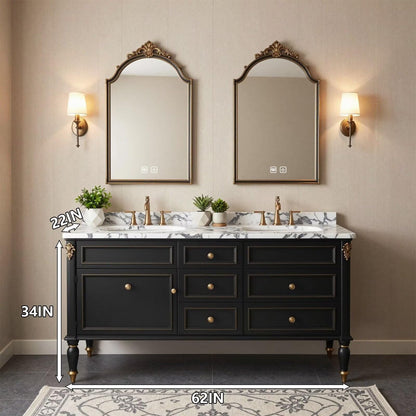 60"-96"Black Double Sink Bathroom Vanity with Marble Top & Gold Accents