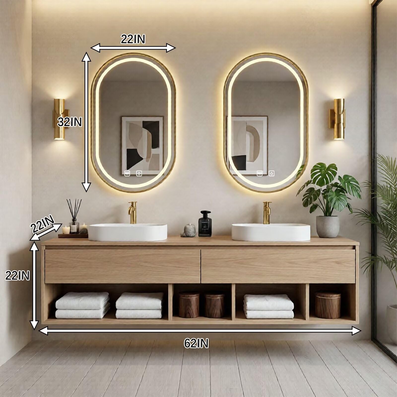 60“-96”Modern oak bathroom vanity with double vessel sinks, wall-mounted storage cabinet