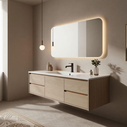 36"-64"Modern Floating Bathroom Vanity, Light Oak Single Sink Cabinet with Drawers