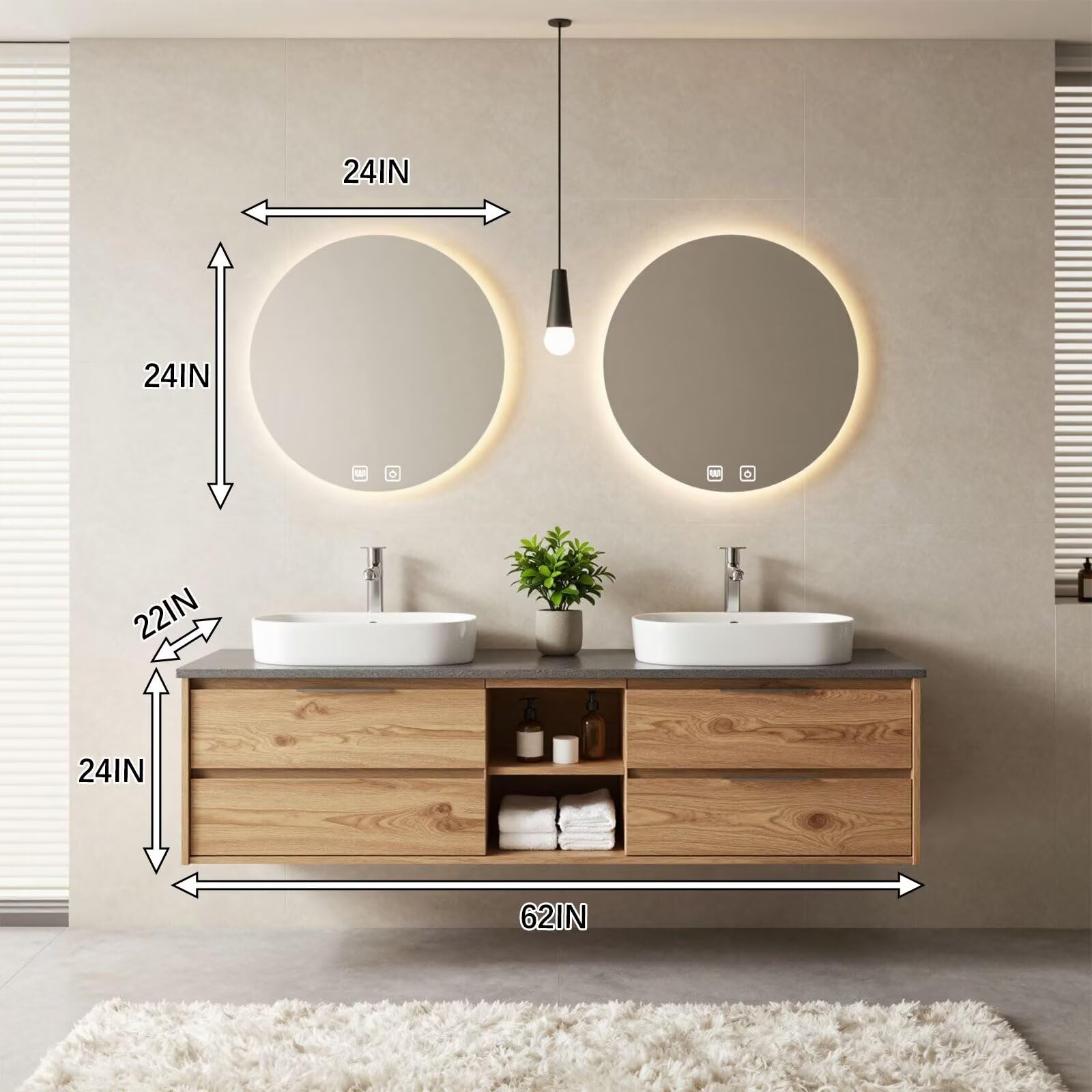 60“-96”Modern Oak Bathroom Vanity with Stone Countertop & LED Backlit Round Mirrors