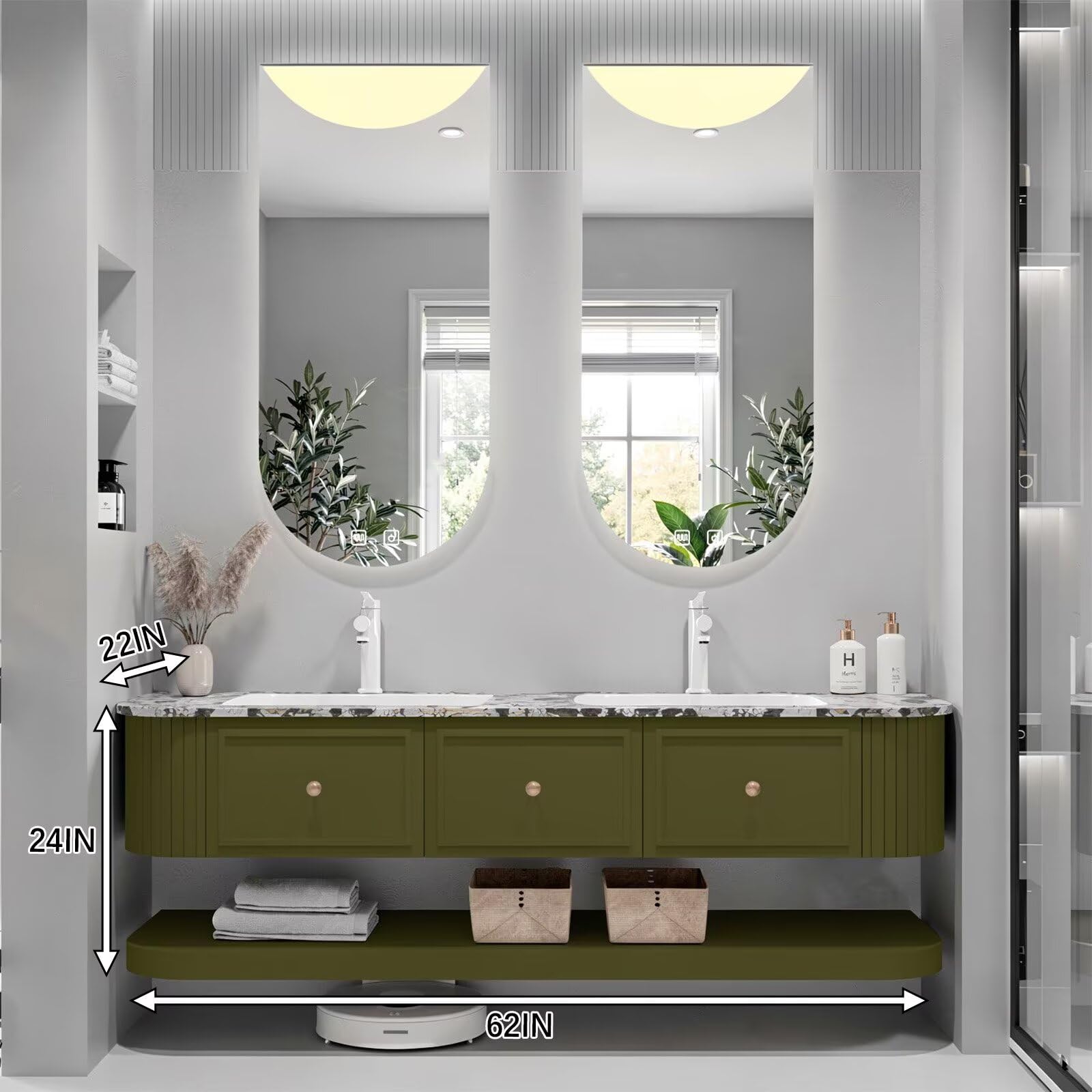 60"-96"Olive Green Floating Bathroom Vanity with Marble Top & LED Half-Moon Mirrors