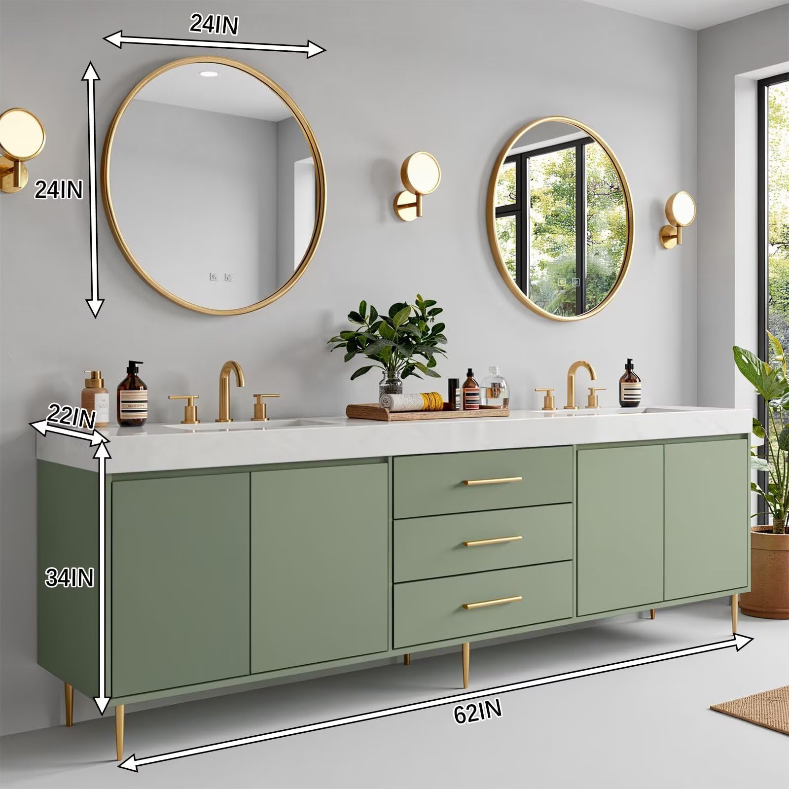 60"-96"Modern Green Bathroom Vanity with Gold Hardware & Round Gold Frame Mirrors