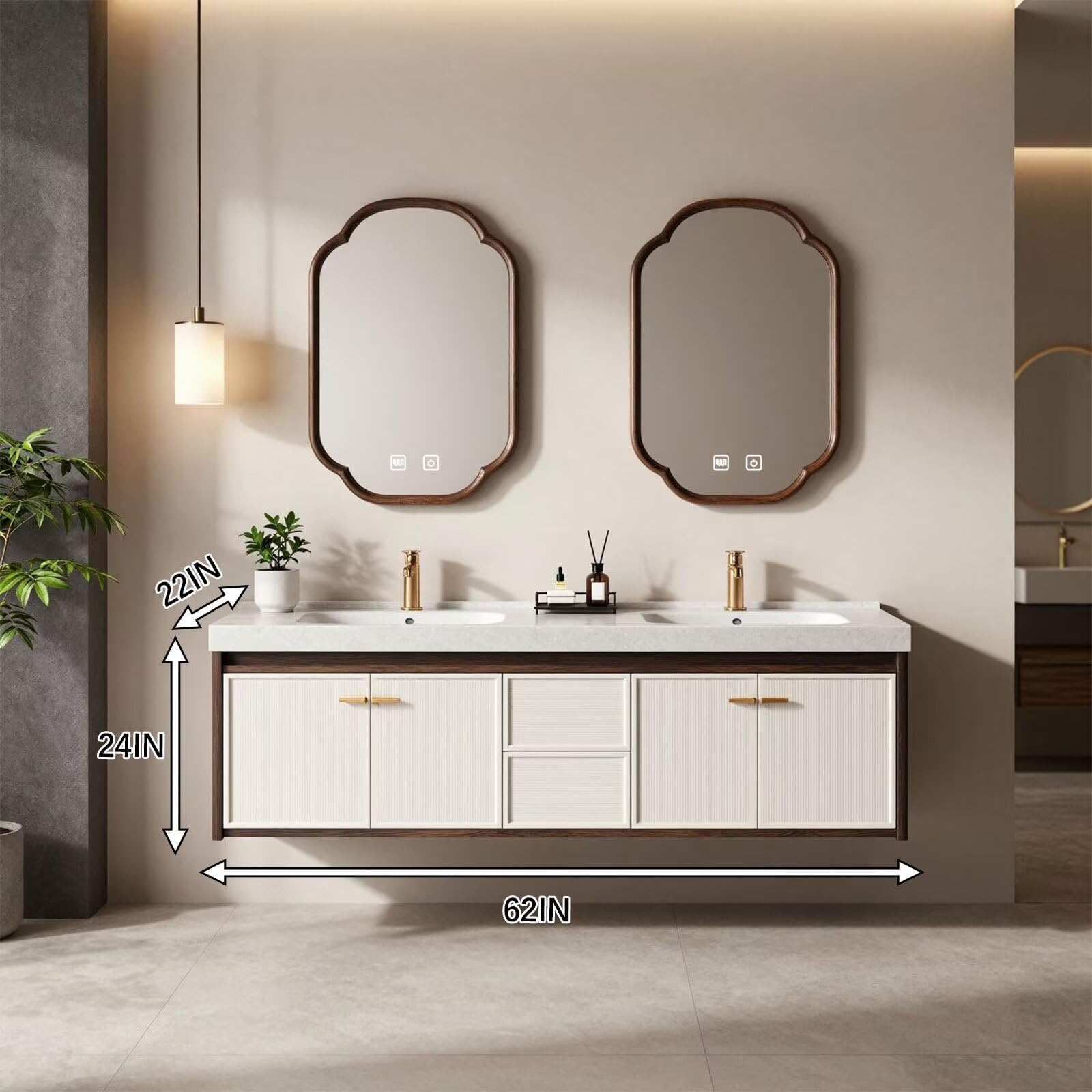 60"-96"Floating Double Bathroom Vanity with White Ribbed Doors & Arched LED Mirrors
