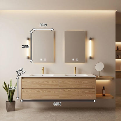 60"-96"Floating Oak Double Bathroom Vanity with White Top & Side Open Shelves