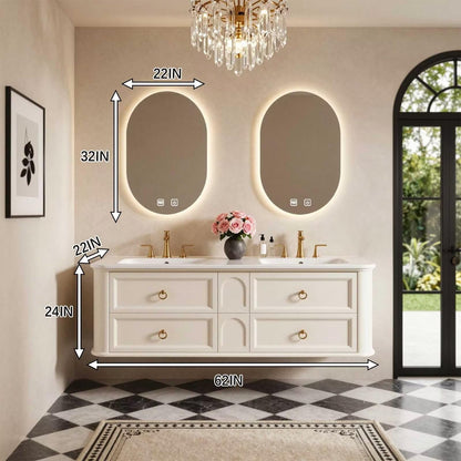 60"-96"Cream White Floating Bathroom Vanity with Double Sinks & LED Oval Mirrors