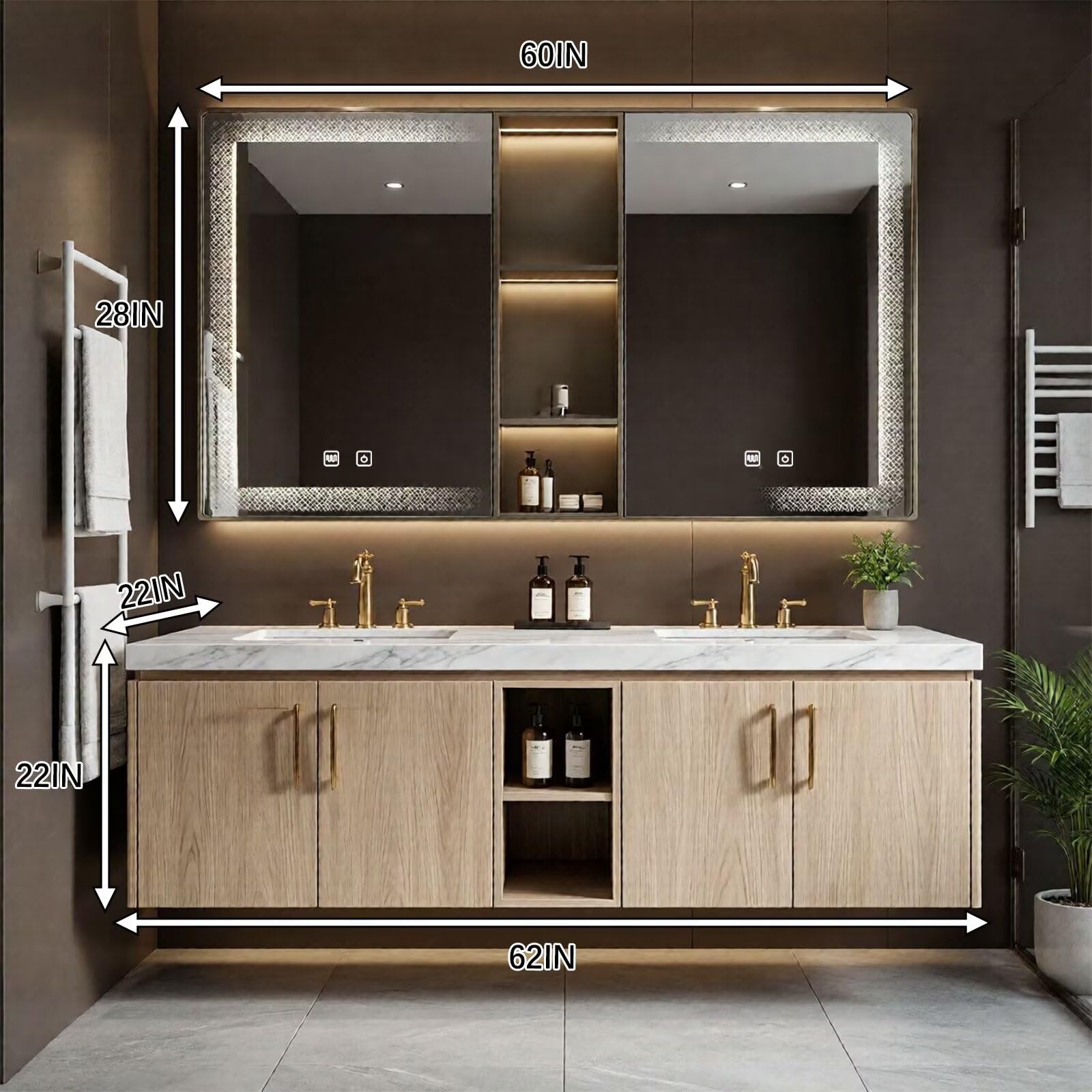 60"-96"Modern Light Wood Floating Vanity with Double Sinks & LED Lighted Mirror Cabinet