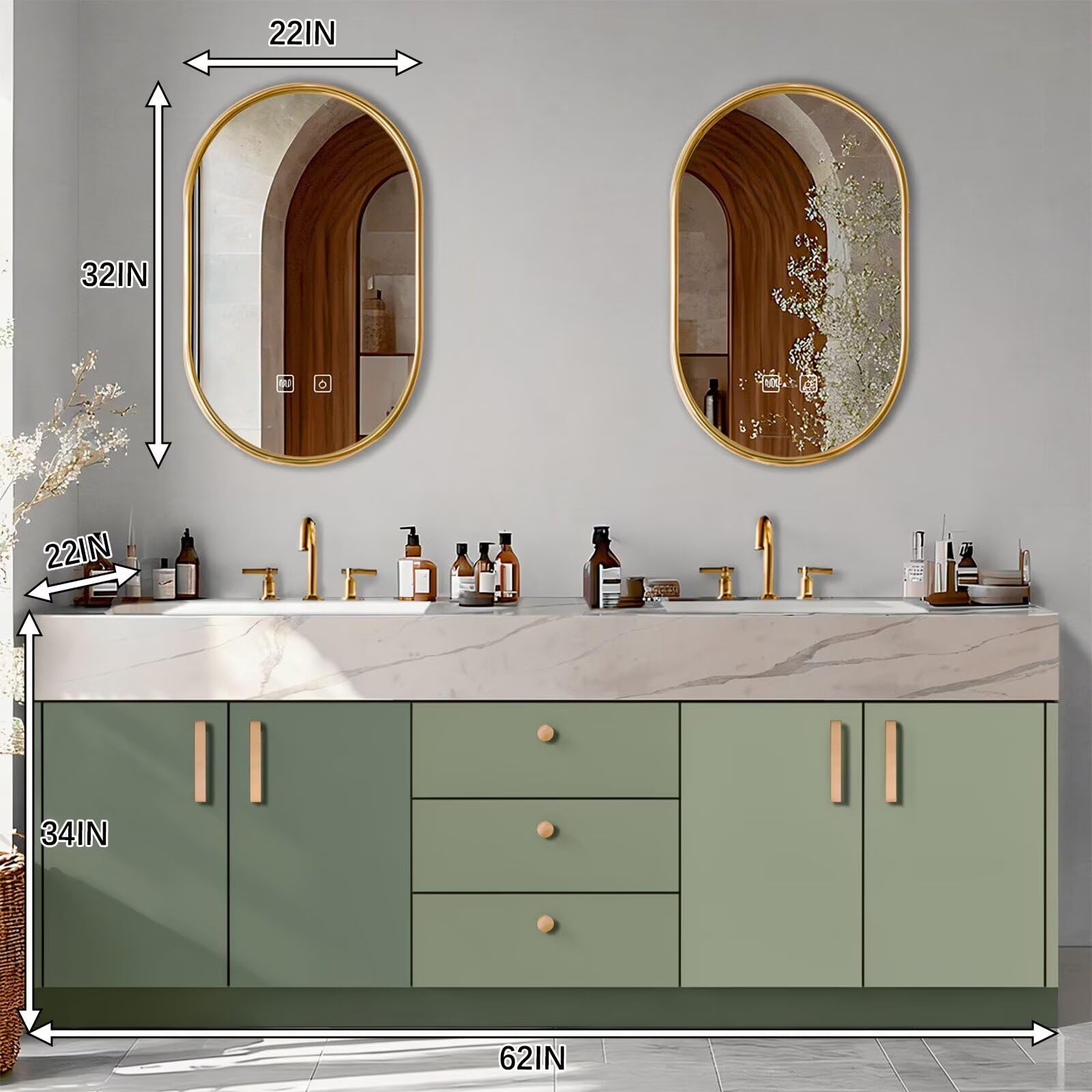 60"-96"Modern Green Bathroom Vanity with Double Sinks & Soft-Close Storage Drawers