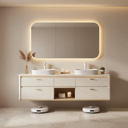 60"-96"Floating White Bathroom Vanity with Double Sink & LED Lighted Mirror