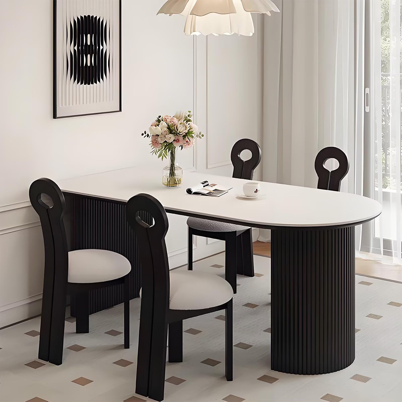 62"-78"Contemporary Oval Dining Table, Sintered Stone Top with Ribbed Pedestal Base