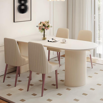 62"-78"Minimalist Cream Dining Table, Rounded Edge & Fluted Legs for Small Dining Room