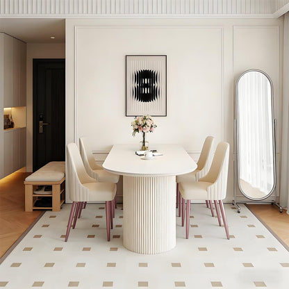 62"-78"Minimalist Cream Dining Table, Rounded Edge & Fluted Legs for Small Dining Room