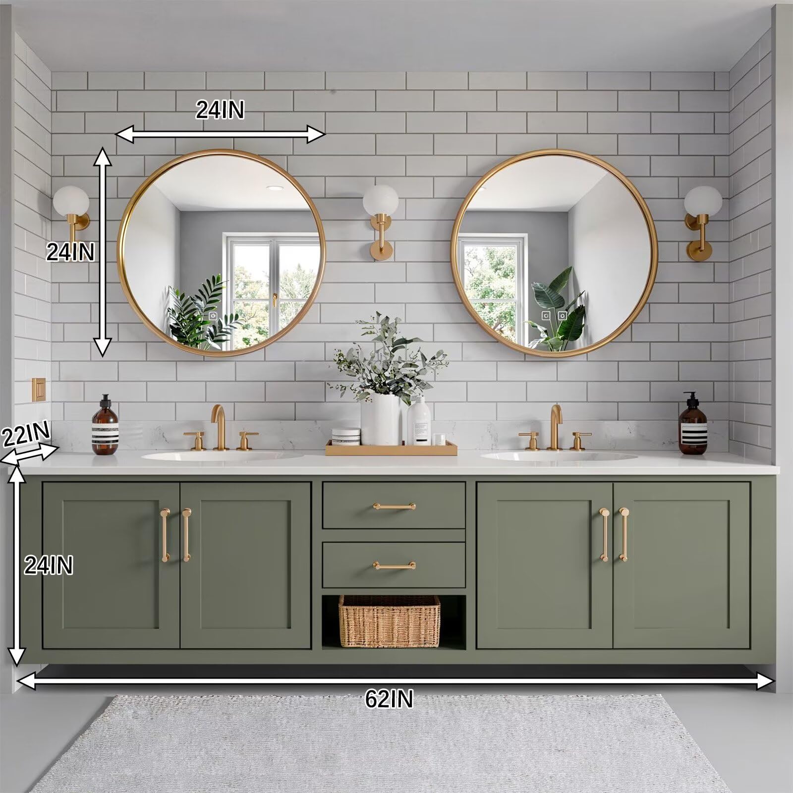 60"-96"Contemporary Sage Green Vanity with Gold Trim, Drawers & Open Shelf