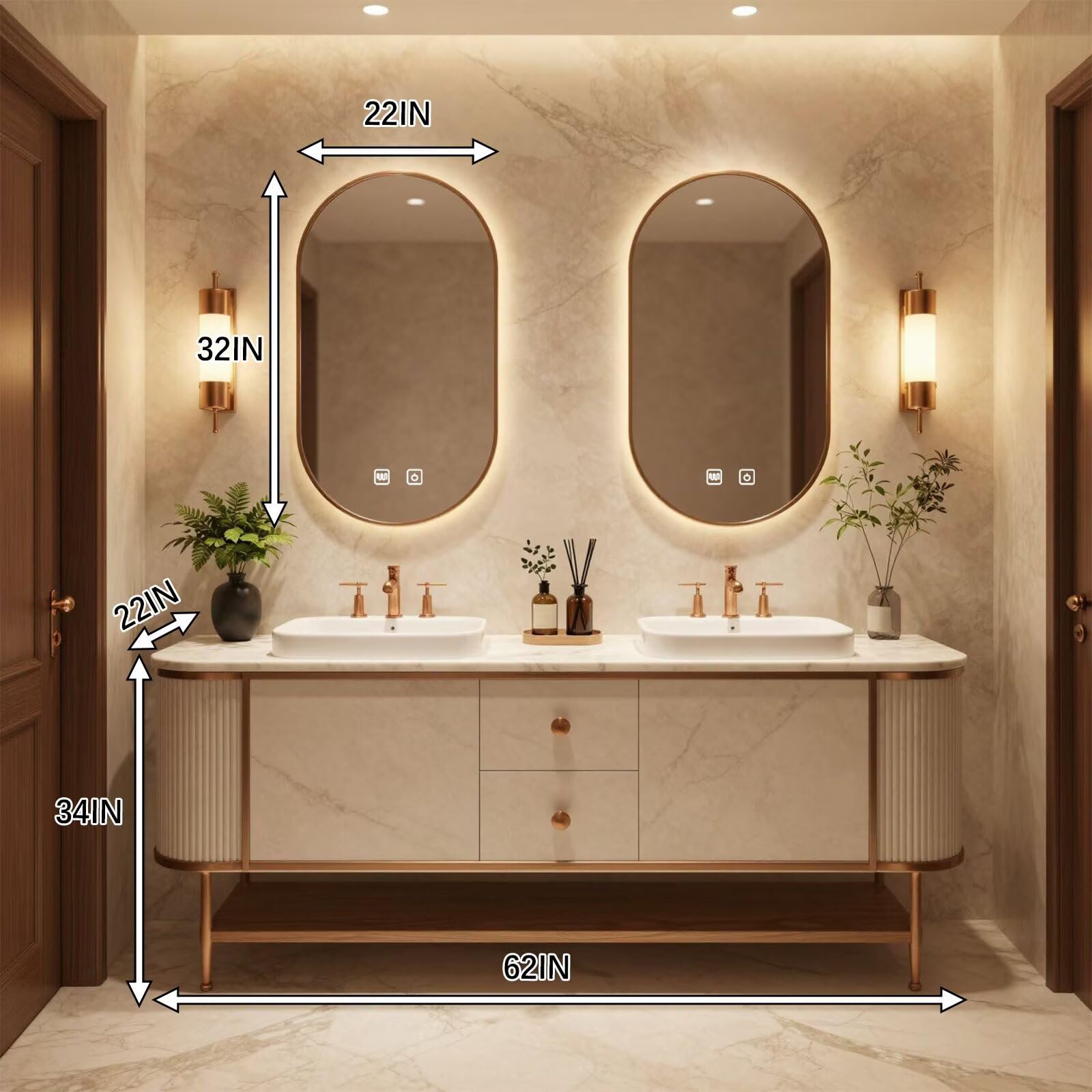 60"-96"Modern Luxury Bathroom Vanity, Double Sink with Marble Top & Gold Accents