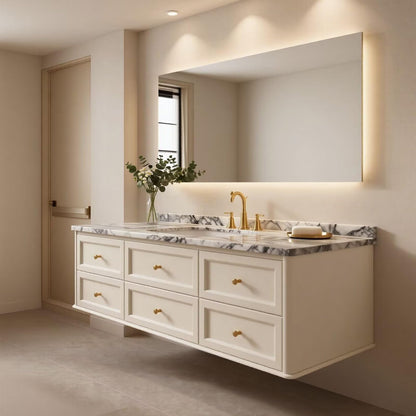 36"-64"Wall-Mounted White Bathroom Vanity with Marble Countertop & Gold Hardware