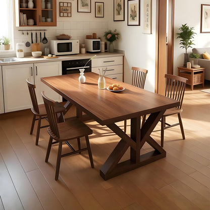 63"Rustic Solid Wood Dining Table, Rectangular Farmhouse Kitchen Table with Cross Base for 4-6 People