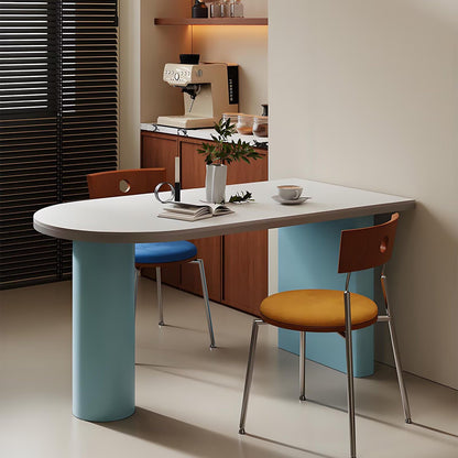63"Modern Oval Dining Table, Colorful Block Base with White Top
