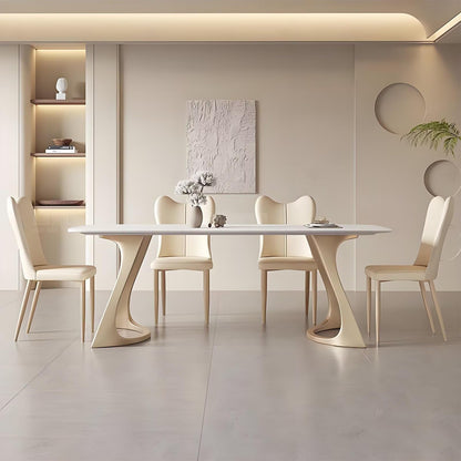 63"-79"Modern Cream Dining Table, White Sintered Stone Top with Sculptural Beige Legs