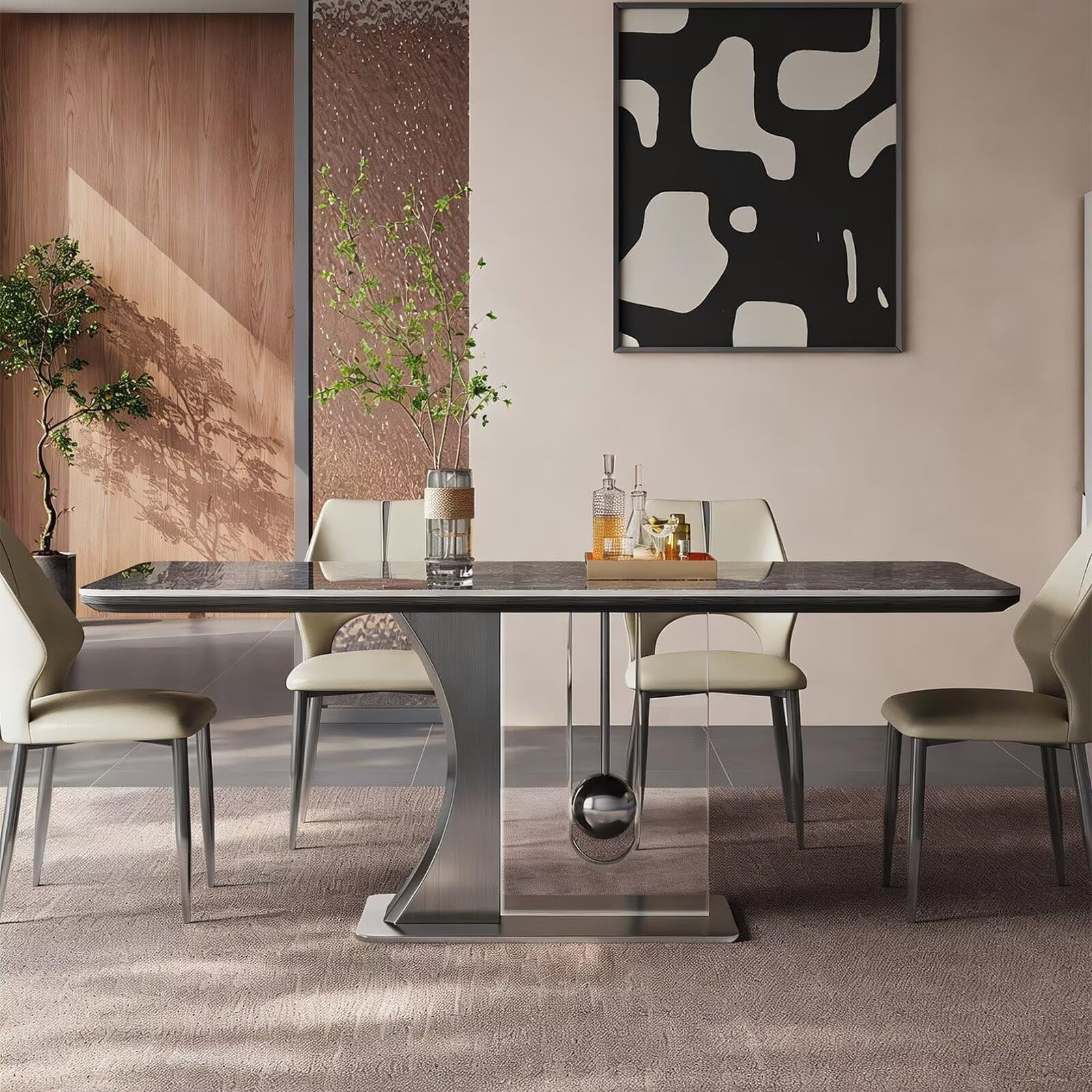 63"-79"Contemporary Statement Dining Table, Glossy Dark Marble Top with Sculptural Metal Leg