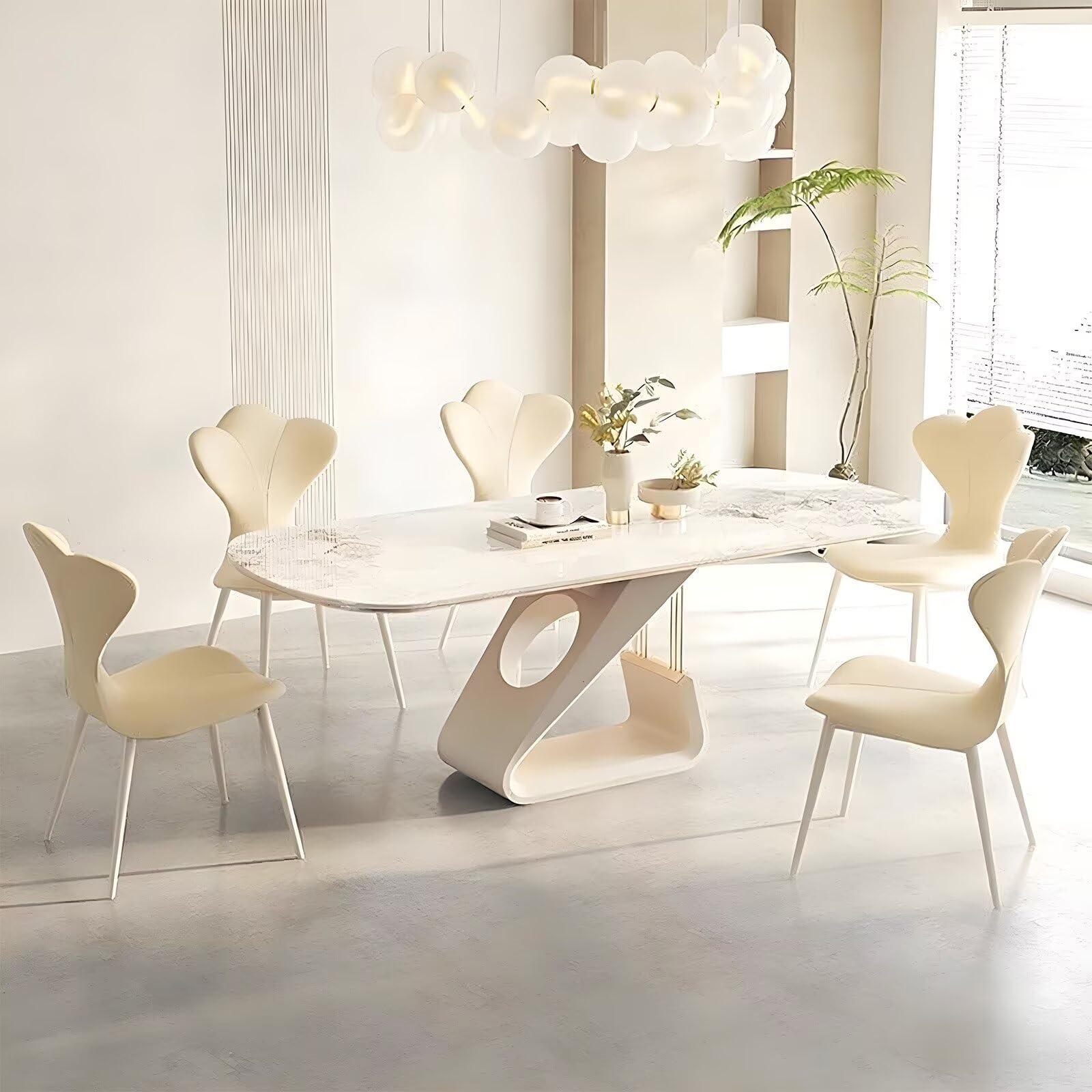 63"-79"Luxury Cream Dining Table, White Marble Top with Sculptural Base for 6 People