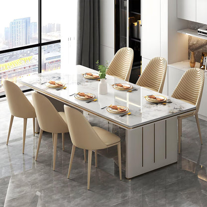 62"-78"Elegant White Marble Dining Table with Gold Trim, Sturdy Base for Dining Room