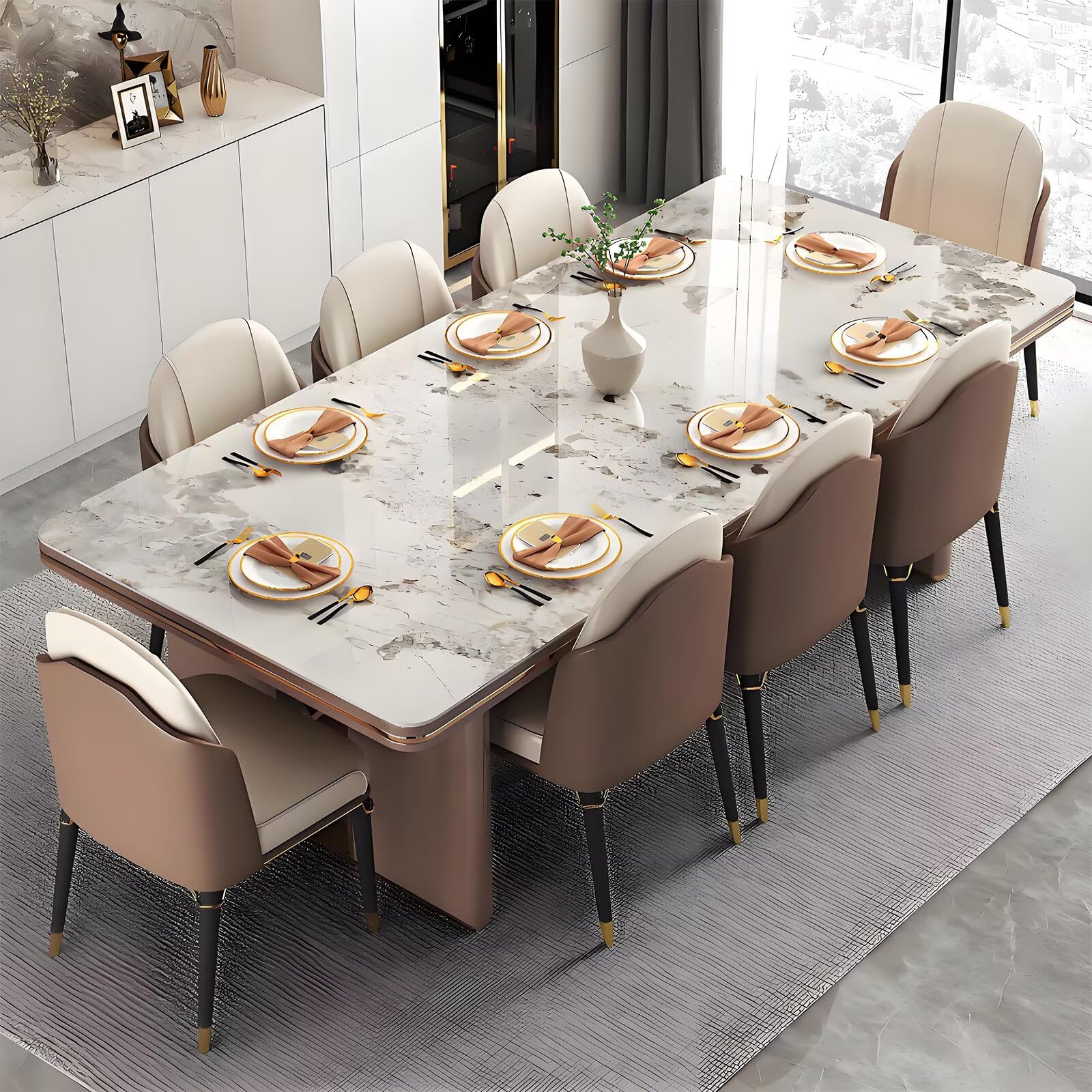 62"-78"Luxury Sintered Stone Dining Table with 8 PU Leather Chairs