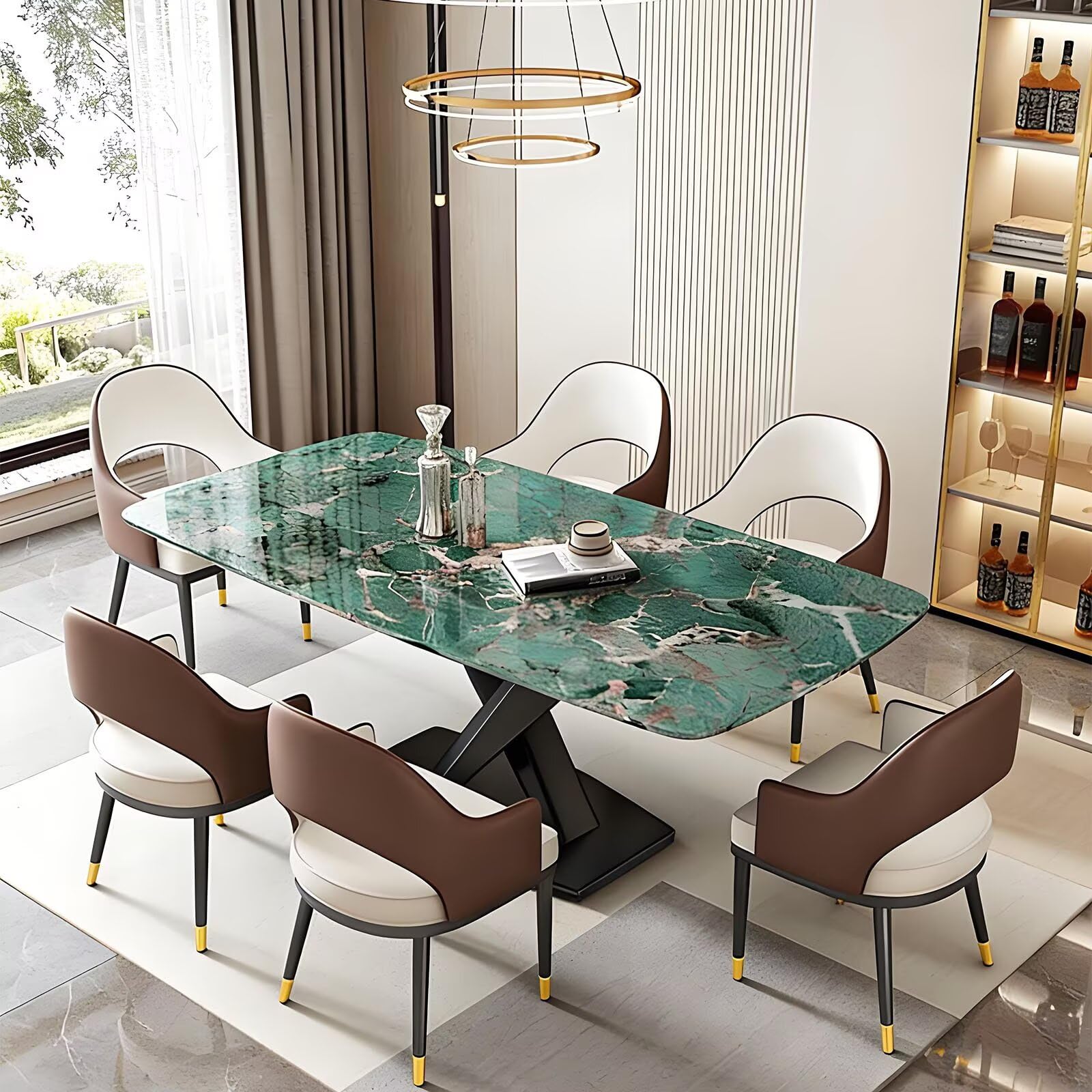63"Luxury Dining Table, Green Marble Top with Matte Black Cross Base
