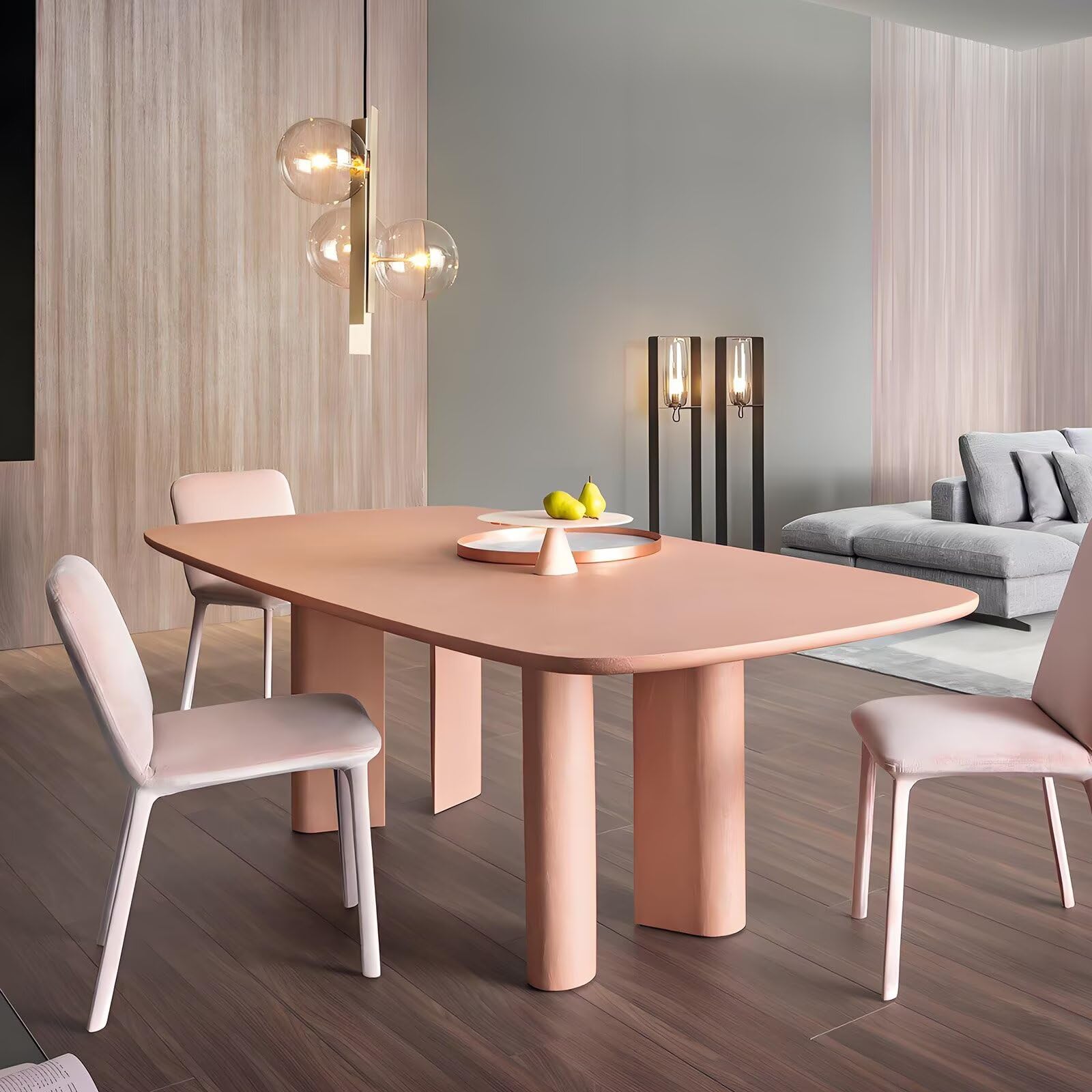 63"-79"Pink Wood Dining Table with Chunky Legs, Modern Rectangular Kitchen Table