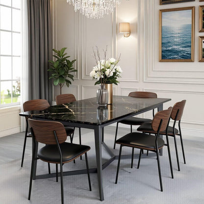 63"-79"Luxury Black Marble Dining Table, Sleek Metal Base for Contemporary Dining Room