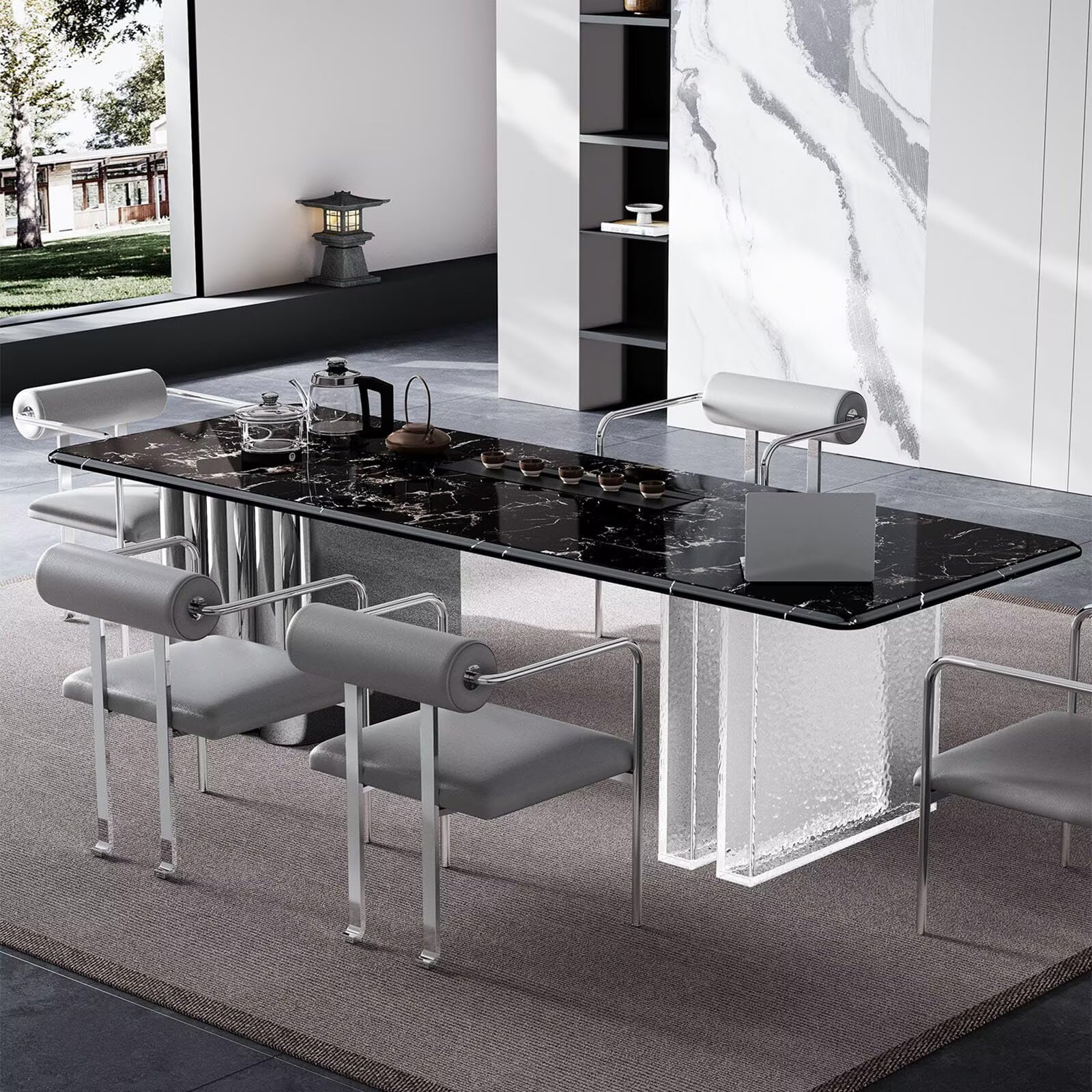 63"-79"Modern Rectangular Dining Table, Black Marble Top with Clear Acrylic Legs