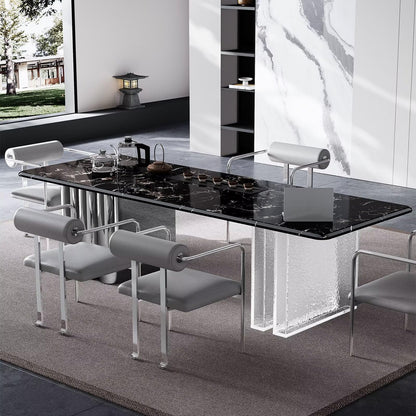 63"-79"Modern Rectangular Dining Table, Black Marble Top with Clear Acrylic Legs
