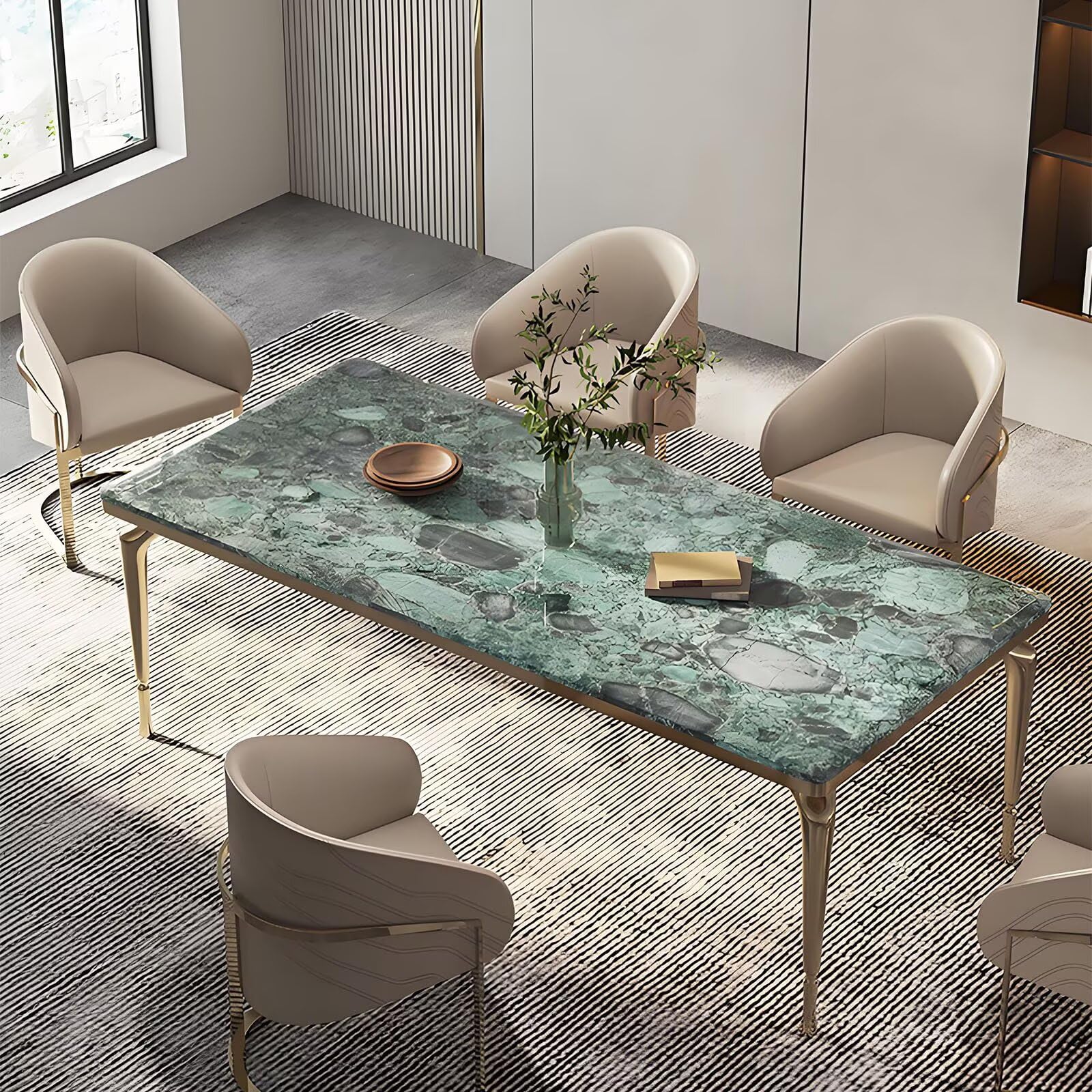 63"-79"Modern Green Marble Dining Table with Gold Frame for Contemporary Dining Room