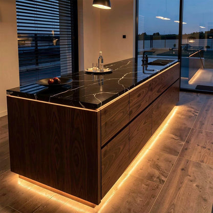 63“-79”Black Marble Kitchen Island with Wood Cabinet & LED Lighting, Modern Kitchen Counter