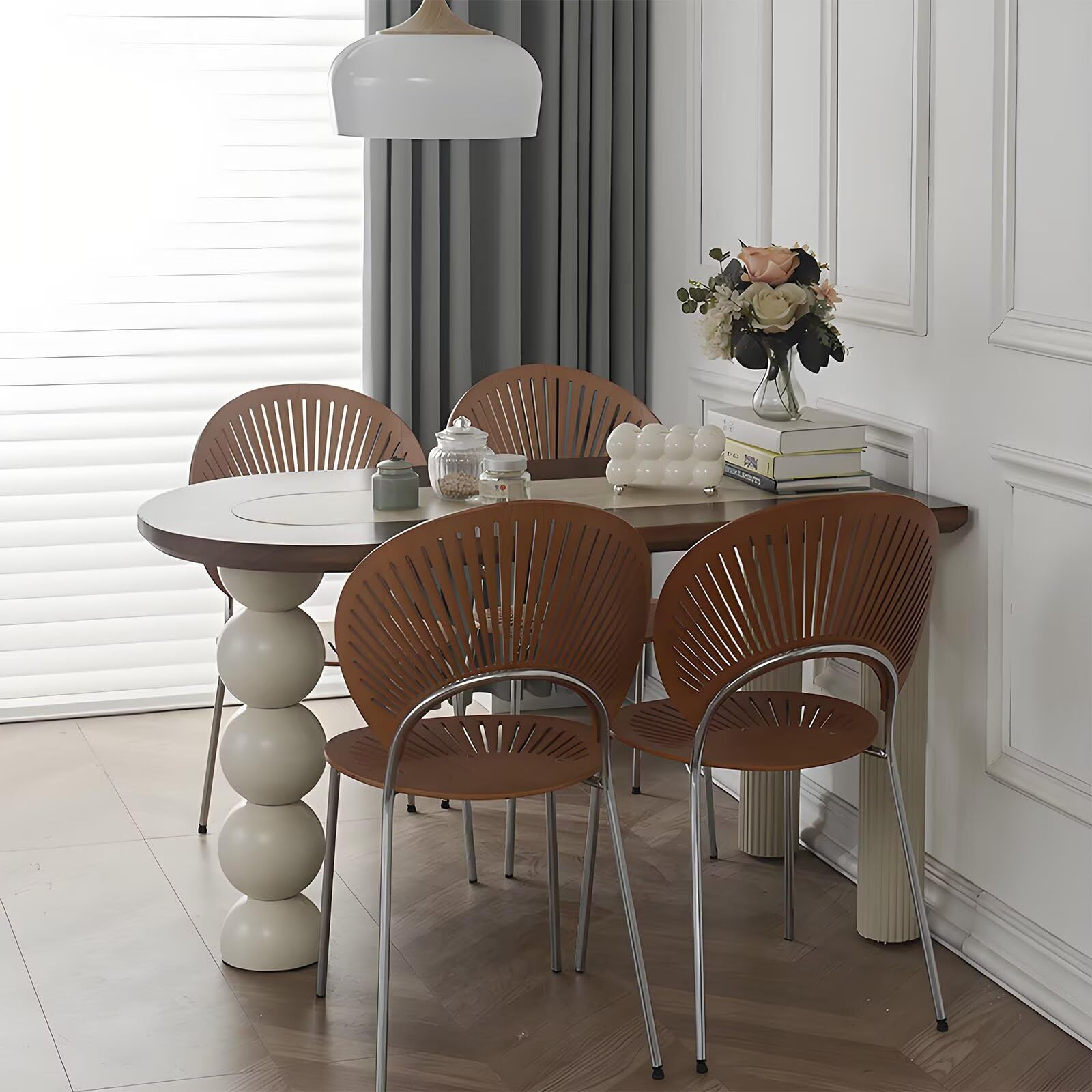 63"-79"Cream Style Oval Dining Table, Retro Design with White Beaded Base