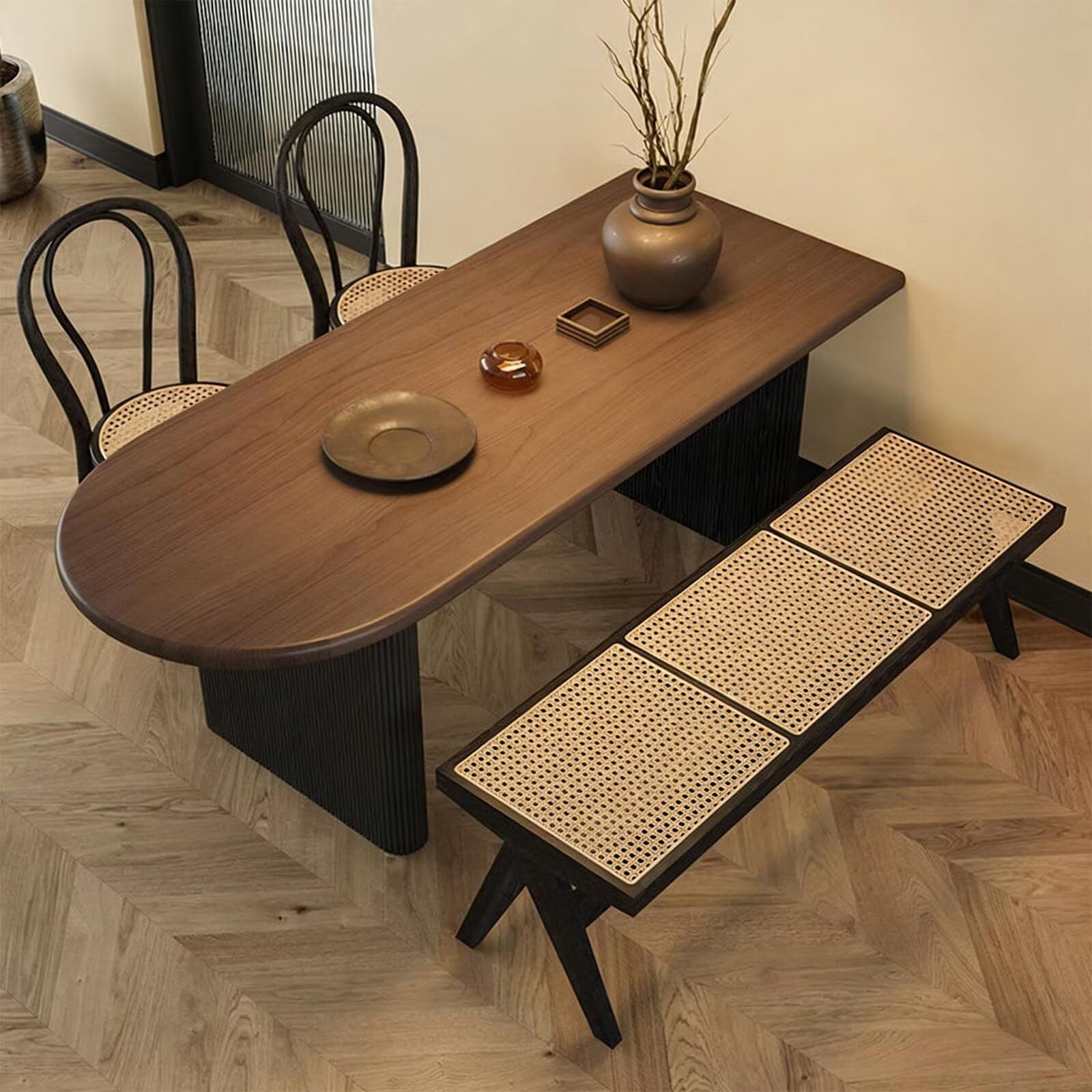 63"-79"Retro Wood Dining Table, Oval Walnut Top with Black Ribbed Base