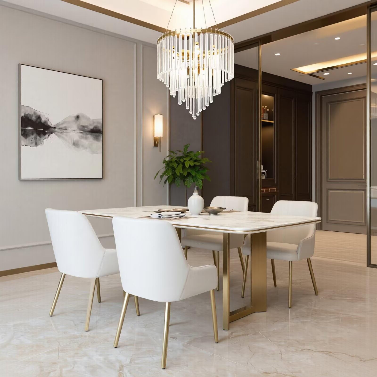 63"-79"Luxury Rectangular Dining Table, White Marble Top with Sleek Gold Metal Legs