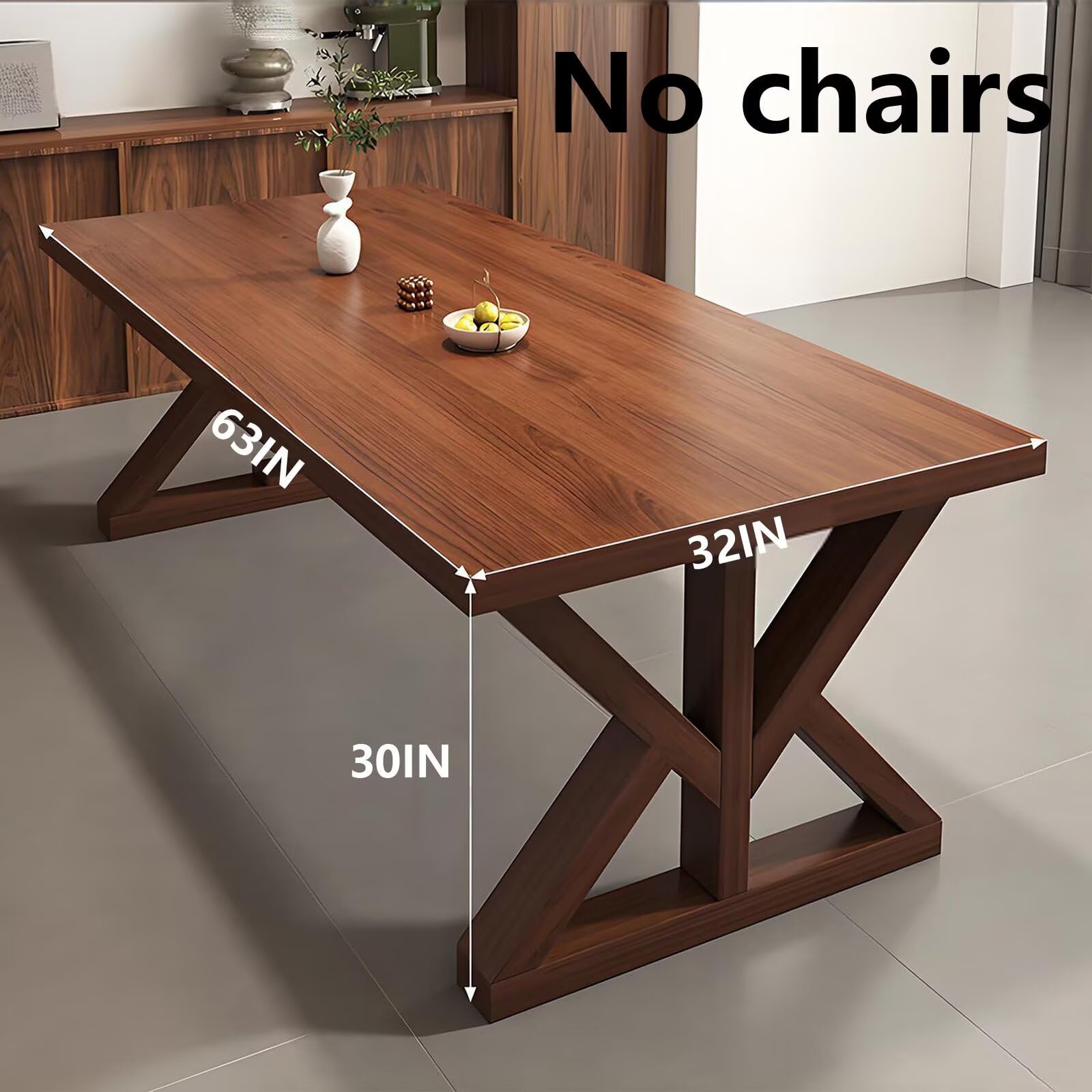 63"Rustic Solid Wood Dining Table, Rectangular Farmhouse Kitchen Table with Cross Base for 4-6 People