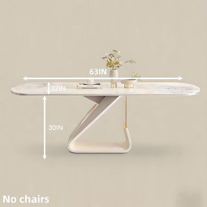 63"-79"Luxury Cream Dining Table, White Marble Top with Sculptural Base for 6 People
