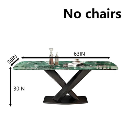 63"Luxury Dining Table, Green Marble Top with Matte Black Cross Base