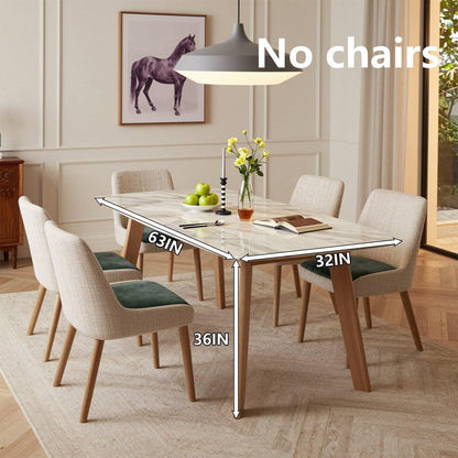 63"-79"White Marble Dining Table with Wood Legs, Modern Rectangular Mid-Century Kitchen Table