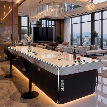 63"-79"White Marble Kitchen Island Bar with LED Lighting, Modern Counter with Rounded Corners