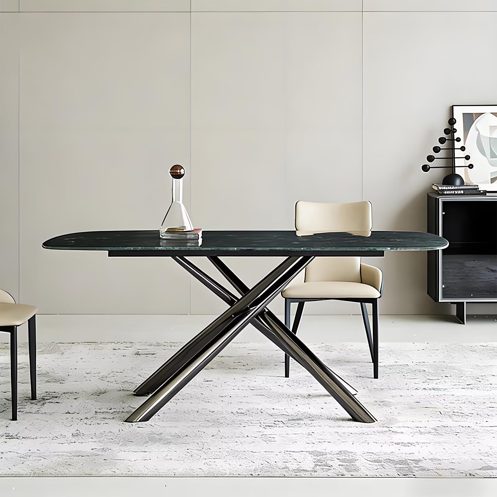 63“-79”Modern Oval Black Marble Dining Table with X-Shape Metal Base, Seats 4-6 for Kitchen & Dining Room