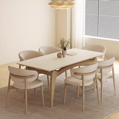 63"-71"Modern Cream Dining Table, Rectangular White Top with Natural Wood Legs for 4-6 People