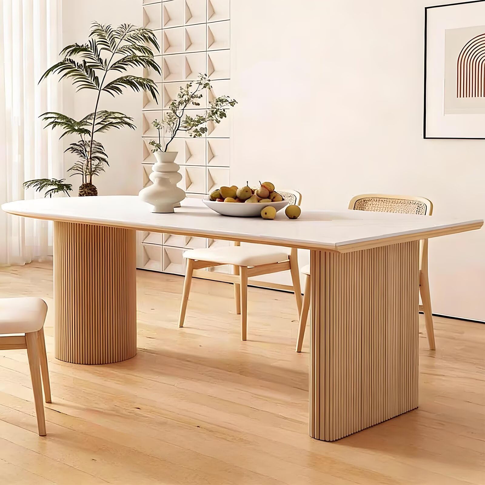 63"-71"Japandi Style Dining Table, White Sintered Stone Top with Fluted Wood Base for 4-6
