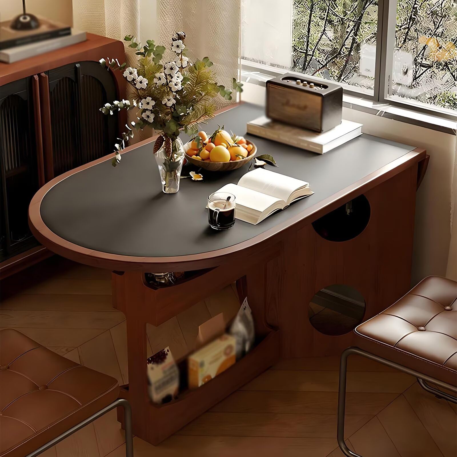 63"-71"Mid-Century Style Oval Dining Table with Side Storage, Wooden Kitchen Desk for Home & Living Room