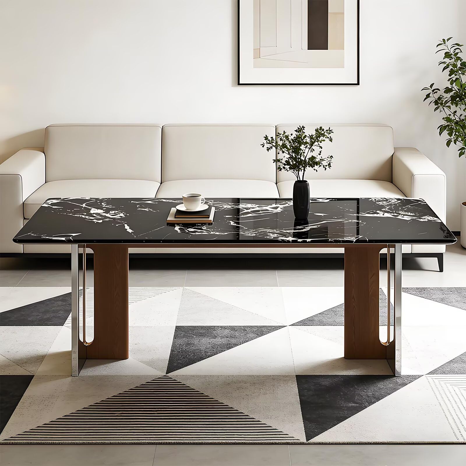63"-79"Luxury Contemporary Dining Table, Black Marble Top Kitchen Table with Walnut & Chrome Base