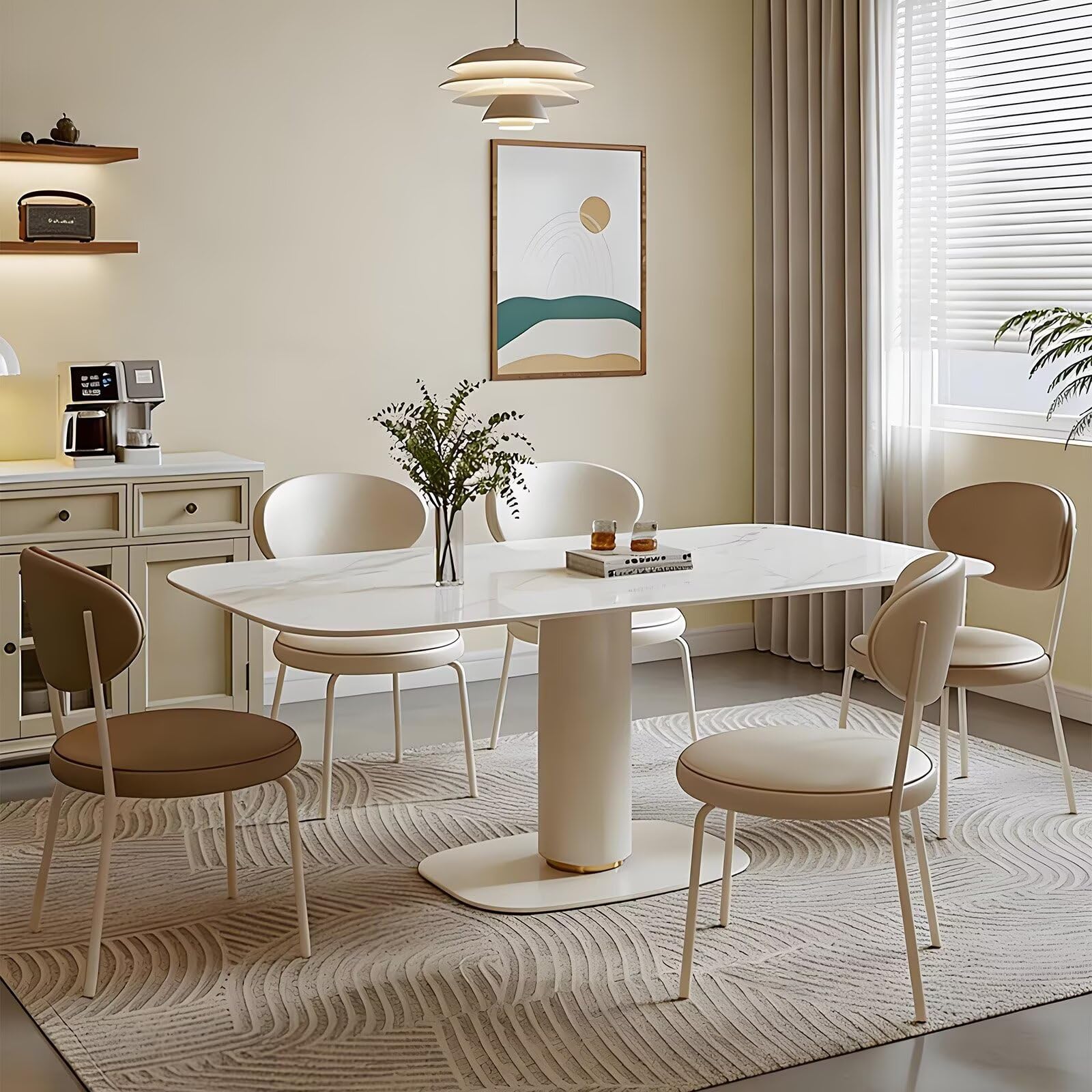 63"-71"Modern Cream Dining Table, White Marble Sintered Stone Top with Single Pedestal Base
