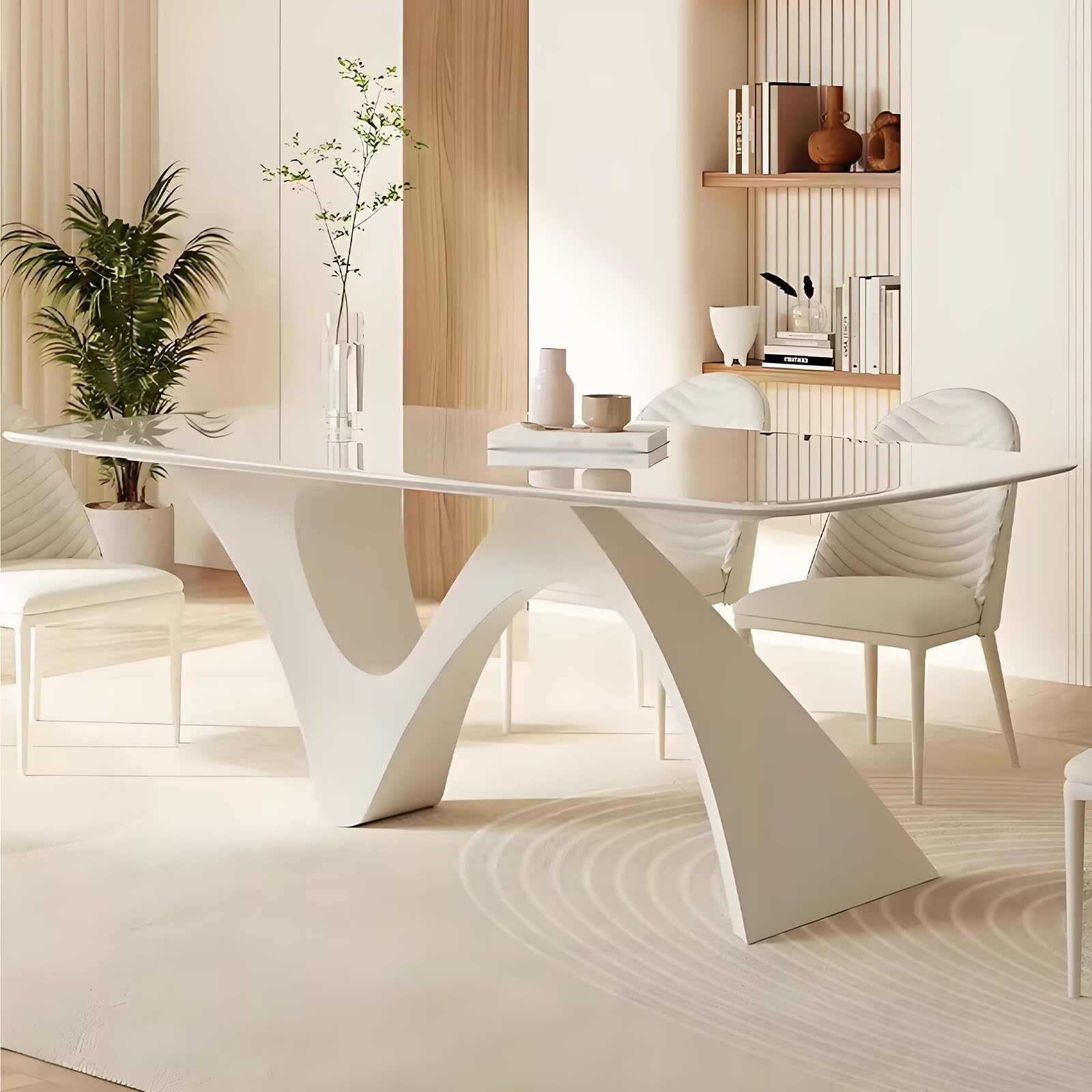 63"-79"Contemporary Minimalist Dining Table, Glossy White Top with Abstract Curved Legs